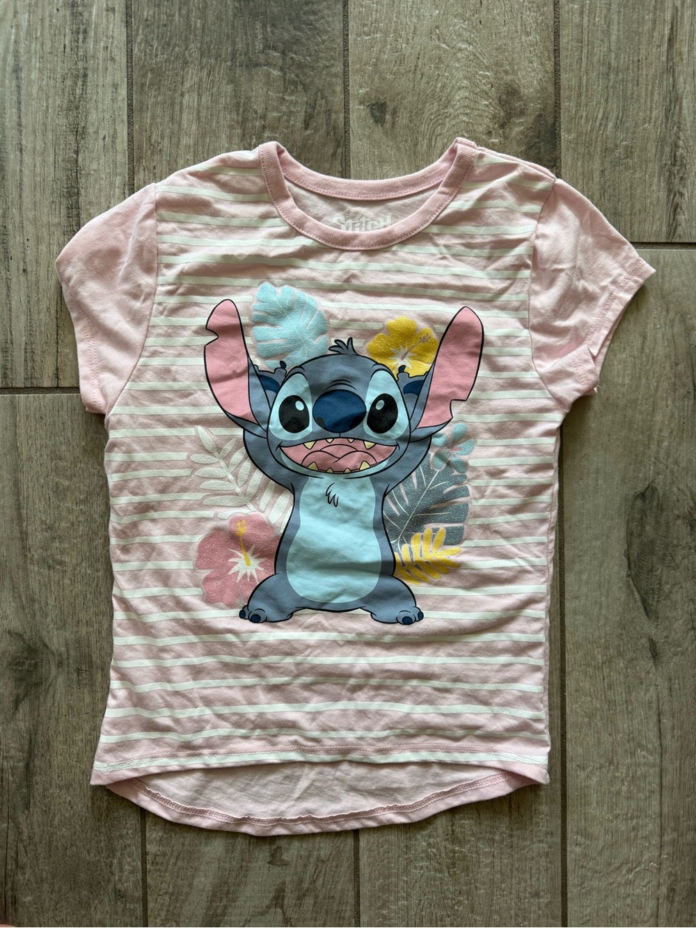 Disney Pink Stripe Stitch Tee with Floral Accents